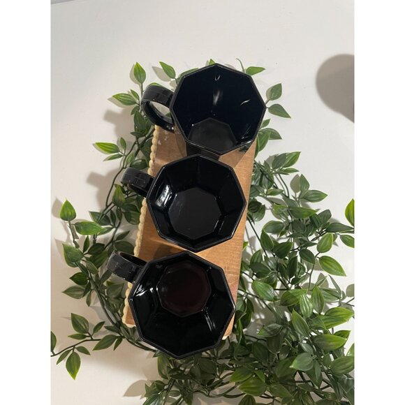3 Mid Century Style Black Glass Octagon Coffee Mugs Cups ARCOROC France OCTIME - Picture 7 of 14